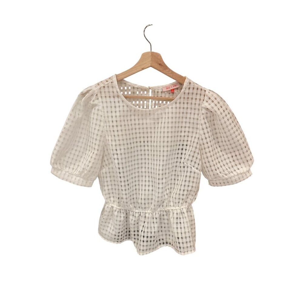 Mele e Pere White Gingham Sheer Peplum Blouse – Women’s Medium Puff Sleeve Top